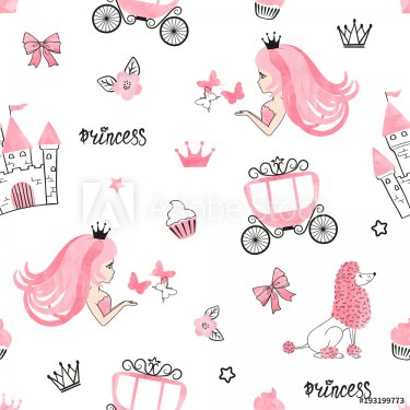 Seamless Princess pattern with cute girls, castles and carriages. Vector back... - 901151537