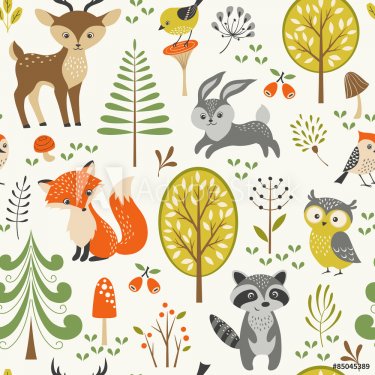 Seamless summer forest pattern with cute woodland animals, trees, mushrooms a... - 901151652