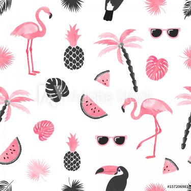 Seamless tropical trendy pattern with watercolor flamingo, watermelon slices ... - 901151547