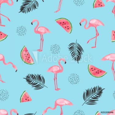 Seamless tropical trendy pattern with watercolor flamingos, watermelon and pa... - 901151546