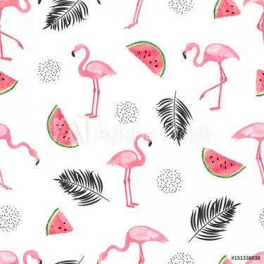 Seamless tropical trendy pattern with watercolor flamingos, watermelon and pa... - 901151544
