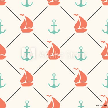 Seamless vector pattern of anchor, sailboat shape in frame - 901143611