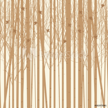 Seamless vector texture with a picture of the forest of trees with birds. Birch forest vector background. Birch grove pattern. Background of trees