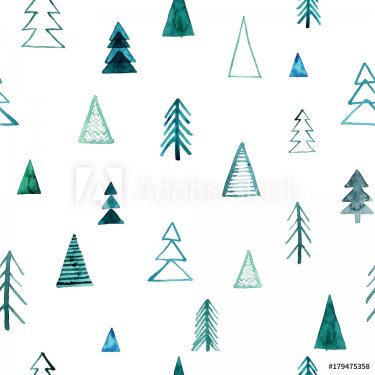 Seamless watercolor forest pattern. Green trees on white background. Abstract... - 901151871