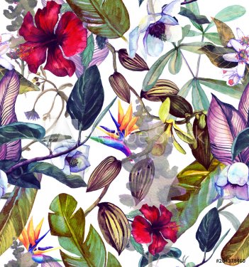 Seamless watercolor pattern with tropical flowers, magnolia, orange flower, vanilla orchid, tropical leaves, banana leaves