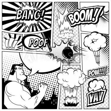 Set of comics speech and explosion bubbles on a book page background. Super hero, rocket, city silhouette firework design elements
