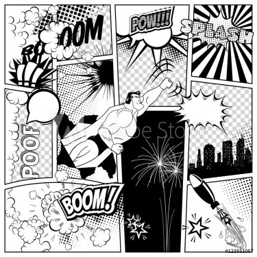 Set of comics speech and explosion bubbles on a book page background. Super h... - 901151984