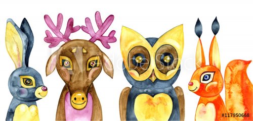 Set of cute forest animals. Watercolor illustration. - 901147660