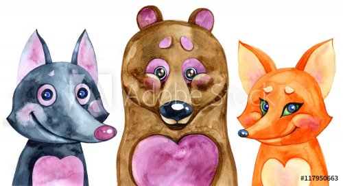 Set of cute forest animals. Watercolor illustration. - 901147661