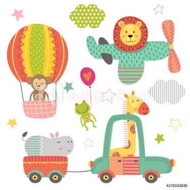 set of isolated transport with baby jungle animals - vector illustration, eps