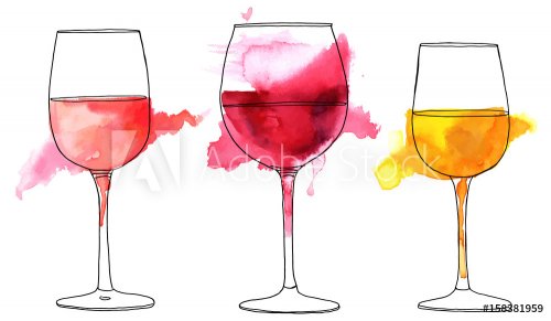 Set of vector and watercolor drawings of wine glasses