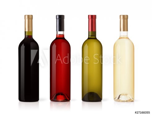Set of white, rose, and red wine bottles. - 900064119