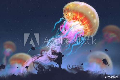silhouette girl looking at giant jellyfish floating in the sky, digital art style, illustration painting
