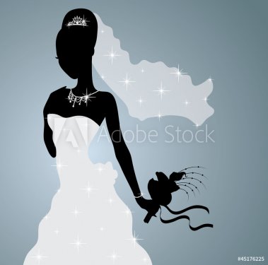 Silhouette of a beautiful bride standing and holding a bouquet. - 900954495