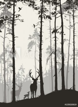 silhouette of a pine forest with a family of deer and birds, brown colors, vector illustration