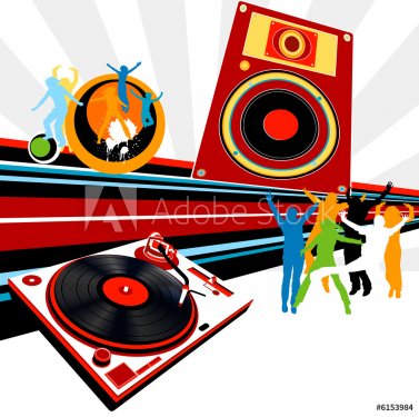 silhouettes dancing, turntable, loudspeaker and rays - 900461238