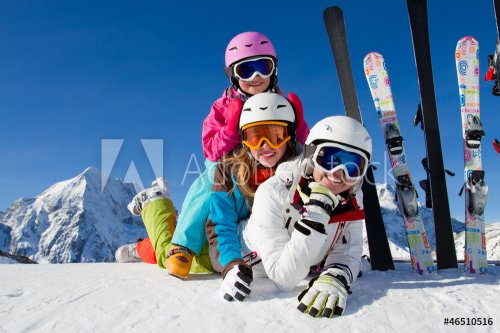 Skiing, winter fun - happy  ski team - 900883029