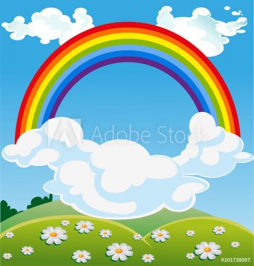 Sky with rainbow over green field with Daisies