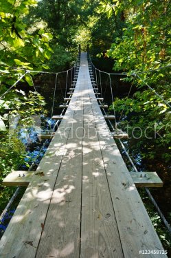 Small wood pedestrian suspension bridge with steel cables
