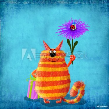 Smiling Striped Cat Holding a Flower with a Ladybug - 901151921