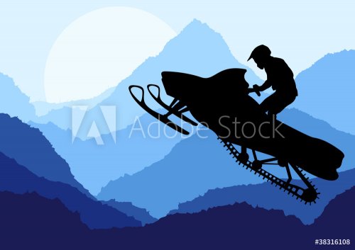 Snowmobile riders in wild nature landscape background - 901151617