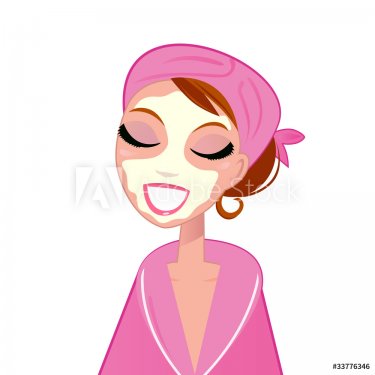 Spa facial girl wearing pink bath robe isolated on white