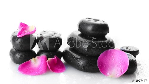 Spa stones with drops and rose petals isolated on white - 901140916
