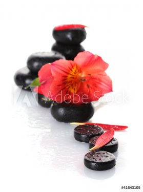 Spa stones with drops, red flower and petals isolated on white - 901140915