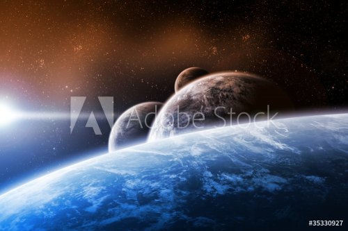 Space design with planets and sunrise