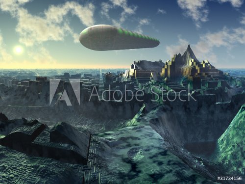 Space Shuttle over Alien City Ruins - 900462454