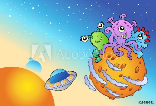 Spacescape with three cute aliens