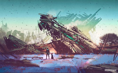 spaceship crashed on blue field,illustration painting - 901153935