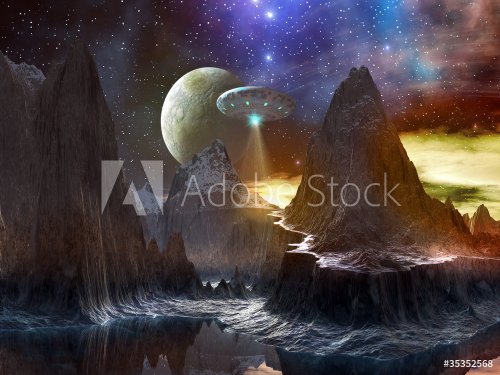 Spaceship over Mountain Path on Distant World - 900462428