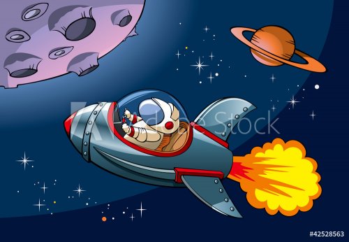 Spaceship with astronaut approaching planet, vector - 900462535
