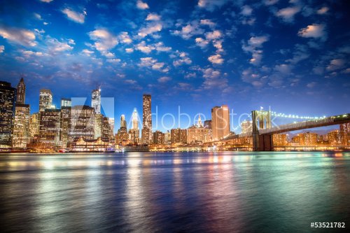 Spectacular sunset view of lower Manhattan skyline from Brooklyn