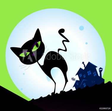 Spooky cat silhouette with full moon in background. VECTOR