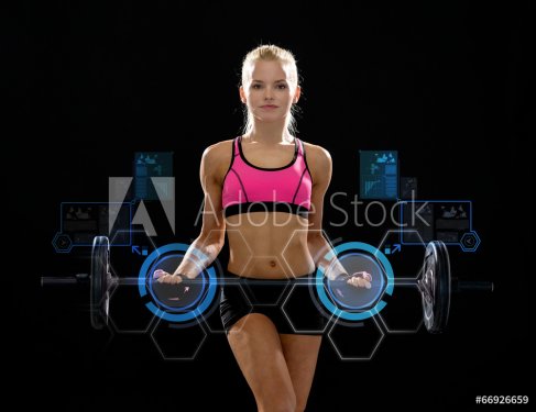 sporty woman exercising with barbell - 901142630