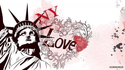 Statue of Liberty and Love NY doodle on watercolor drops