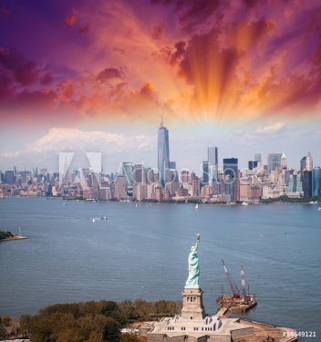 Statue of Liberty and Manhattan skyline. Spectacular helicopter