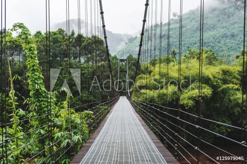 Steel suspension bridge, crossing the river in the woods - 901154165