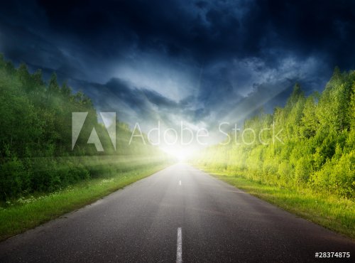 stormy sky and road in forest - 900659136