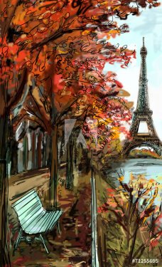 Street in autumn Paris. Eiffel tower -sketch illustration