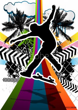 Summer abstract background design with skateboarder silhouette. - 901142505