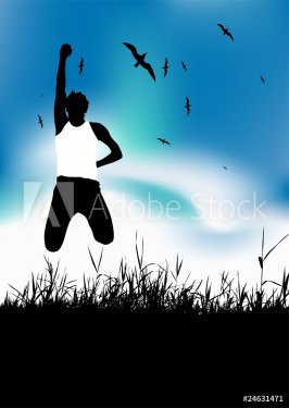 Summer holiday, man is jumping on meadow, black silhouette - 900459431