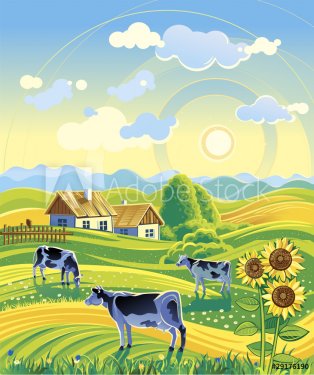 Summer rural landscape and three cows