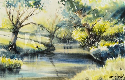 Summer rural landscape with river and trees.Picture created with watercolors.