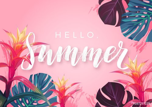 Summer tropical design for banner or flyer with exotic palm leaves, hibiscus flowers and handlettering.