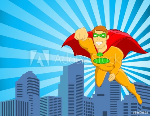 Superhero flying over city