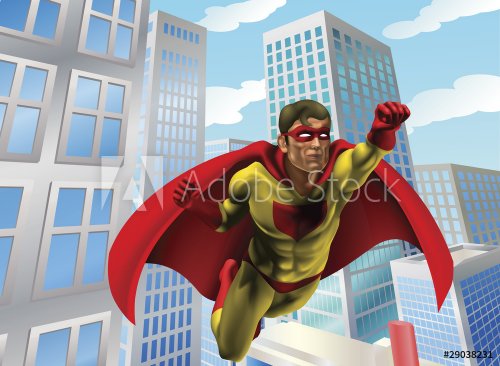 Superhero flying through city - 900786282