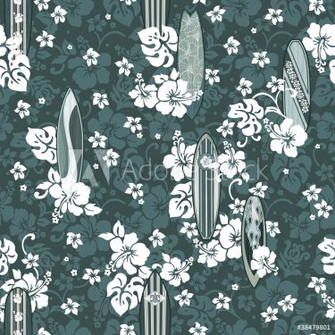 Surfboards with hibiscuses seamless pattern